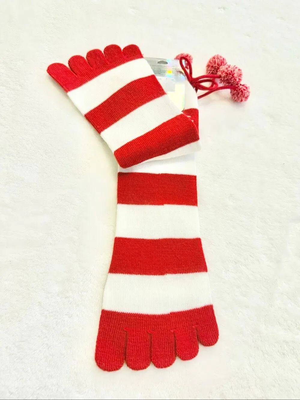 Christmas Reindeer Vixen Toe Socks Red White Striped Pom Pom Holiday Novelty